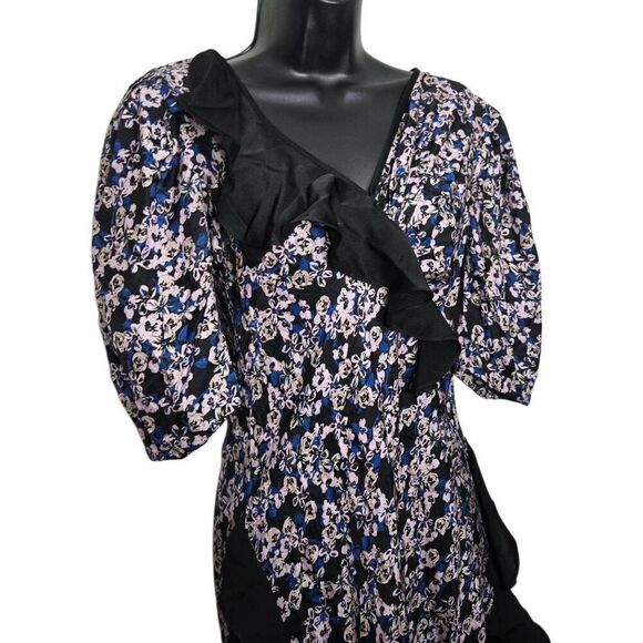 Brogger Dress Ruffle-Trim Floral Size Medium Black Pin Blue - Picture 4 of 12